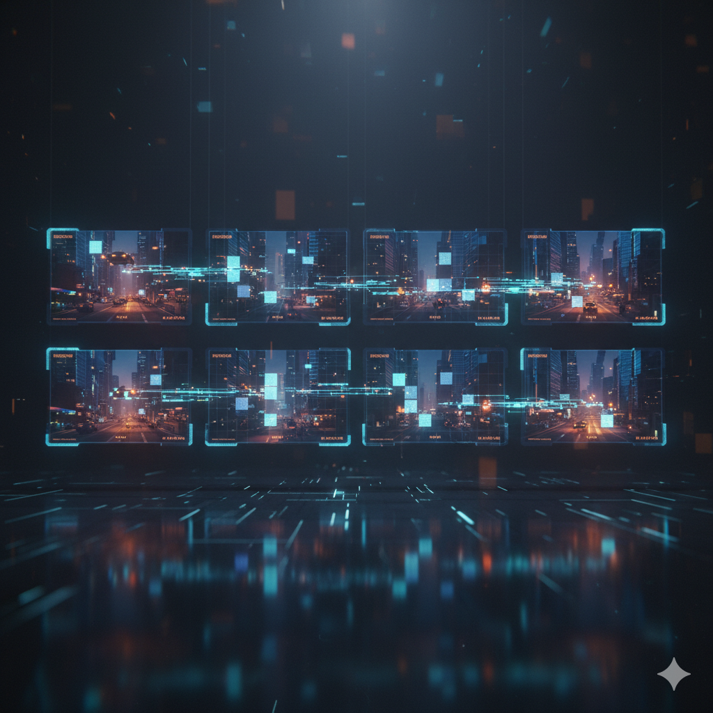 Parallel video frames with grid overlay showing patch divisions